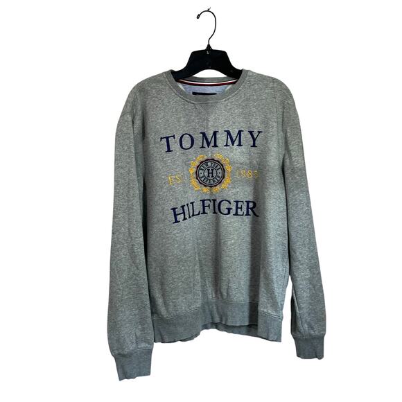 Tommy Hilfiger Gray Embroidered Logo Crest Crewneck Sweatshirt Pullover Sz L - Picture 1 of 6